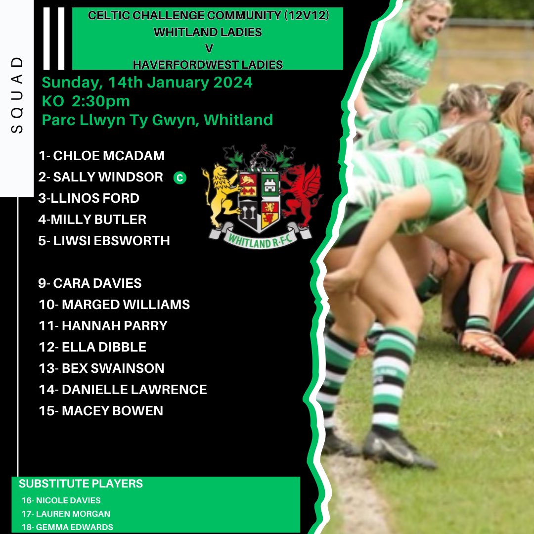 🟢 WHITLAND LADIES 🟢

TODAY, Our Ladies Team are HOME, ready to face Haverfordwest Ladies! 🏉

🏆 - 12 a side Celtic Challenge Community Cup

🆚 - <a href="/HRFCBlues/">Haverfordwest RFC</a> Ladies 

⏰ - KO, 2:30pm

📍 - Parc Llwyn Ty Gwyn 

💰 - £2pp entry

👏🏼 Please show your support 👏🏼