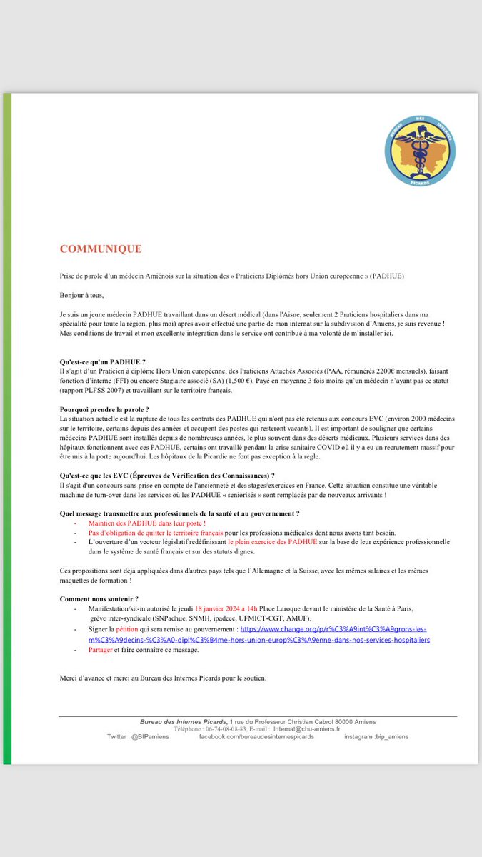 Prise de parole d’un médecin amienois 
- La situation actuelle est la rupture de tous les contrats des PADHUE qui n'ont pas été retenus aux concours EVC (environ 2000 médecins) entraînant une obligation de quitter le territoire 

#padhue #desertmedicaux #manifestation #aide