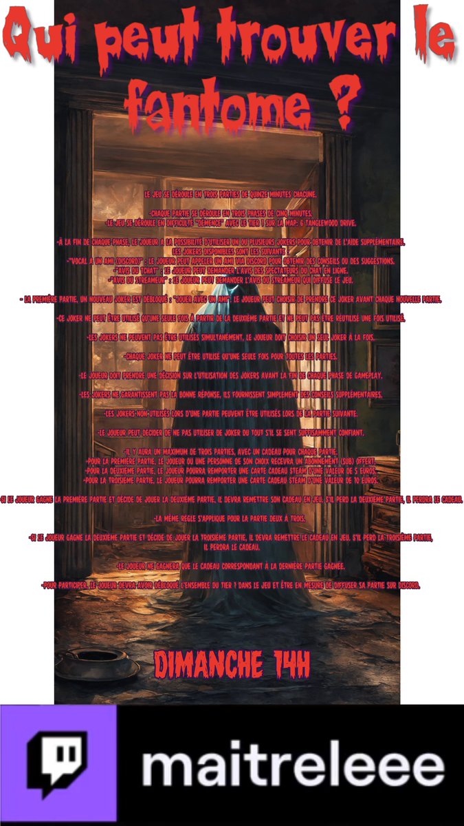 📢  Événement spécial "Qui peut trouver le fantôme?" sur Twitch à 14h aujourd'hui! Rejoignez-nous pour une expérience  terrifiante dans Phasmophobia et gagnez des cadeaux incroyables! 👻🎁 #Phasmophobia #Twitch #maitreleee #cadeaux.
@RTStreamee <a href="/RTtwitchFR/">RT Twitch FR</a> <a href="/RT4French/">FrenchRT</a> <a href="/KineticGame/">(inactive) Phasmophobia</a>