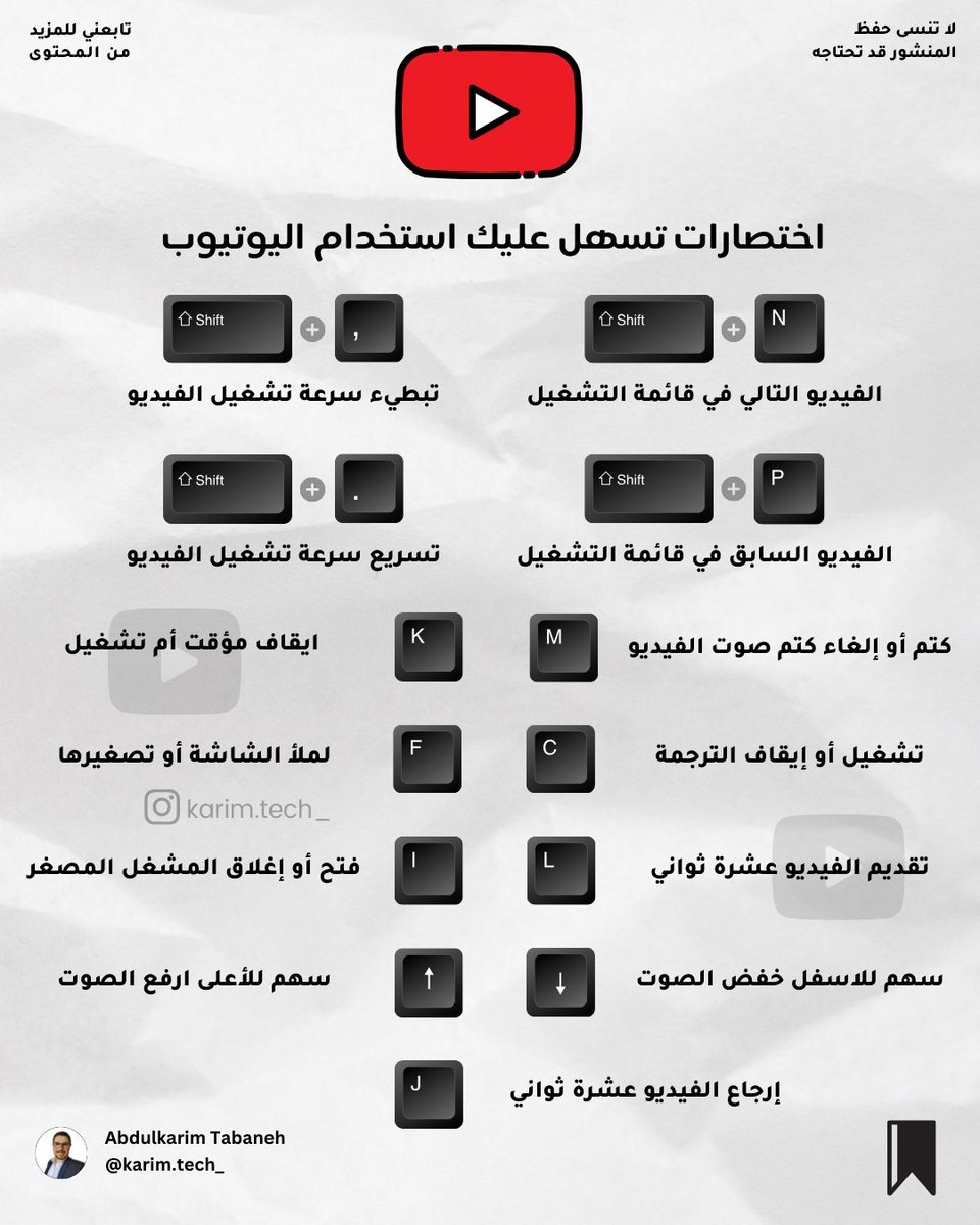 اختصارات تسهل عليك استخدام اليوتيوب
.
.
.
#يوتيوب #مايكروسوفت #اختصارات #تقنية #معلومات #محتوى_هادف #محتوى_تعليمي #محتوى_رقمي #ويندوز #ماك #youtube #microsoft #youtubeshorts #tipsandtricks #shortcut #shortcuts #tech #windows #fyp