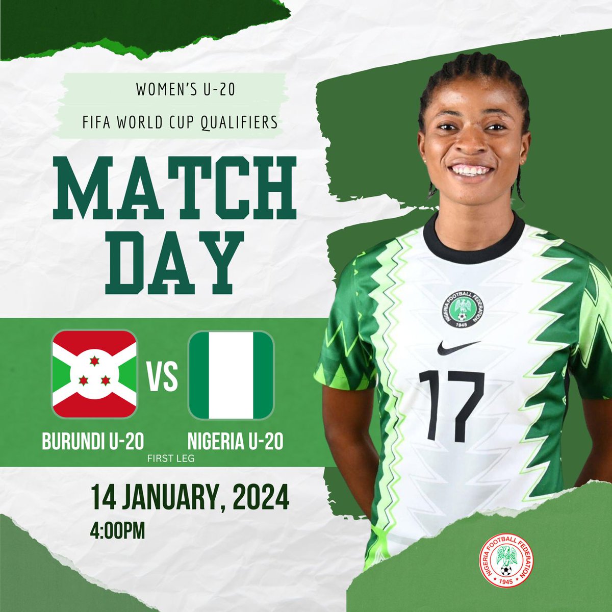 NFootball360's tweet photo. ๐จM A T C H D A Y!
โฝ๏ธ Burundi ๐ง๐ฎ ๐ Nigeria ๐ณ๐ฌ
๐ Sunday, 14 January 2024
โฑ 4pm ๐ณ๐ฌ(WAT)
๐ Azam Stadium, Dar es Salaam
๐งฟ CAF U20WWC
๐ฑ #SoarFalconets #U20WWCQ โฏโฏ #BURNGA https://t.co/l0vu2rIWsJ