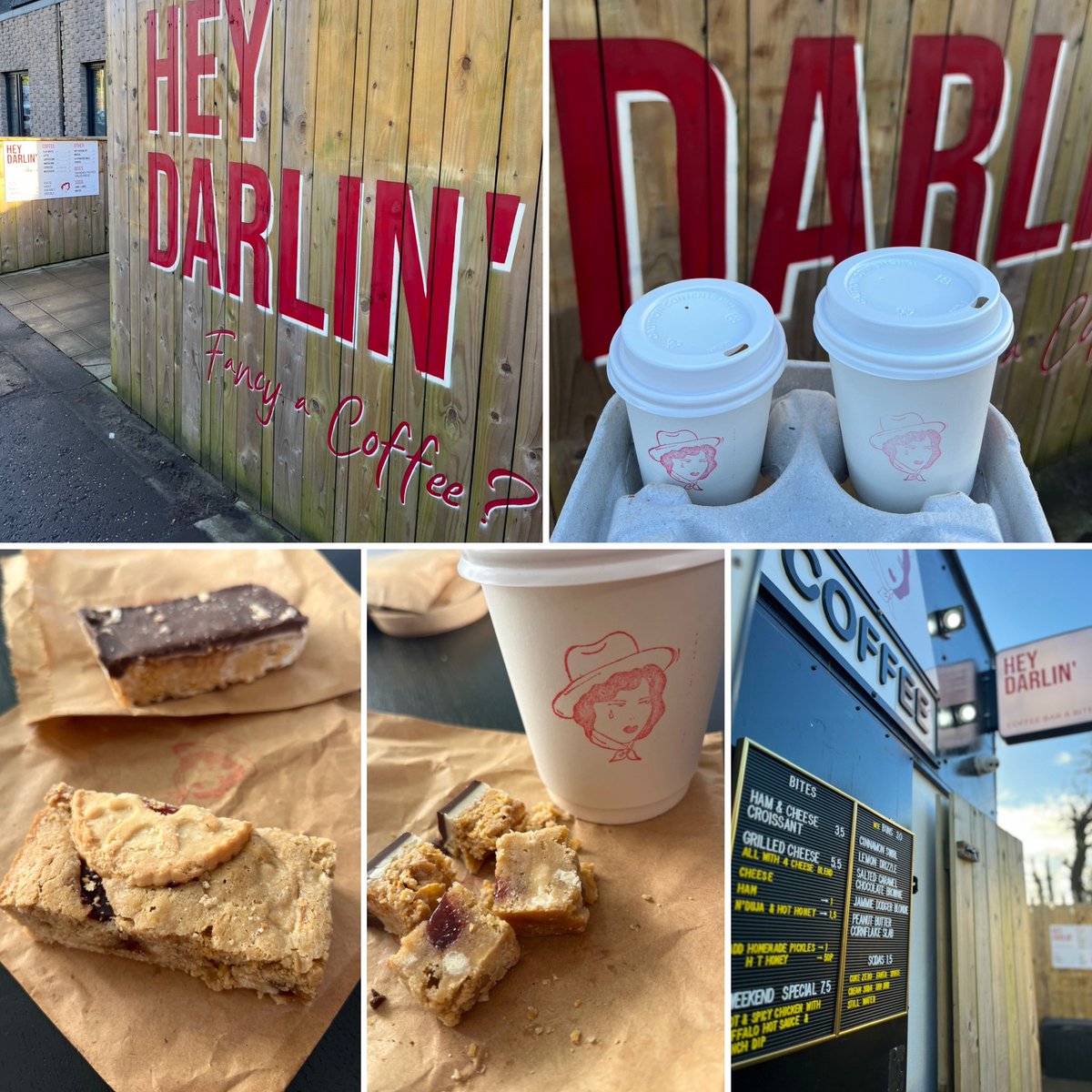 AmandaFBelfast's tweet photo. Support your local girl gang! Hey Darlin’ is a great addition to the Antrim Road, beside the back clinic, where the Guy’s atm used to be🎉First time today. I got coffees, a peanut butter cornflake bar, and jammie dodger blondie. Wee treats for after my walk. I’ll be back to the hatch to check out the toasties another time! #northbelfast #belfast #sunday #coffee