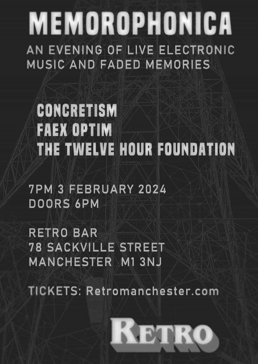 concretism_mus's tweet photo. Just under three weeks to go until this. A whole evening of live wonky electronic music and visuals in Manchester.
https://t.co/f7DBEeXfgN
#hauntology #electronicmusic #manchester #analoguesynths #analogue #concretism #faexoptim #thetwelvehourfoundation https://t.co/61qShZkDrk