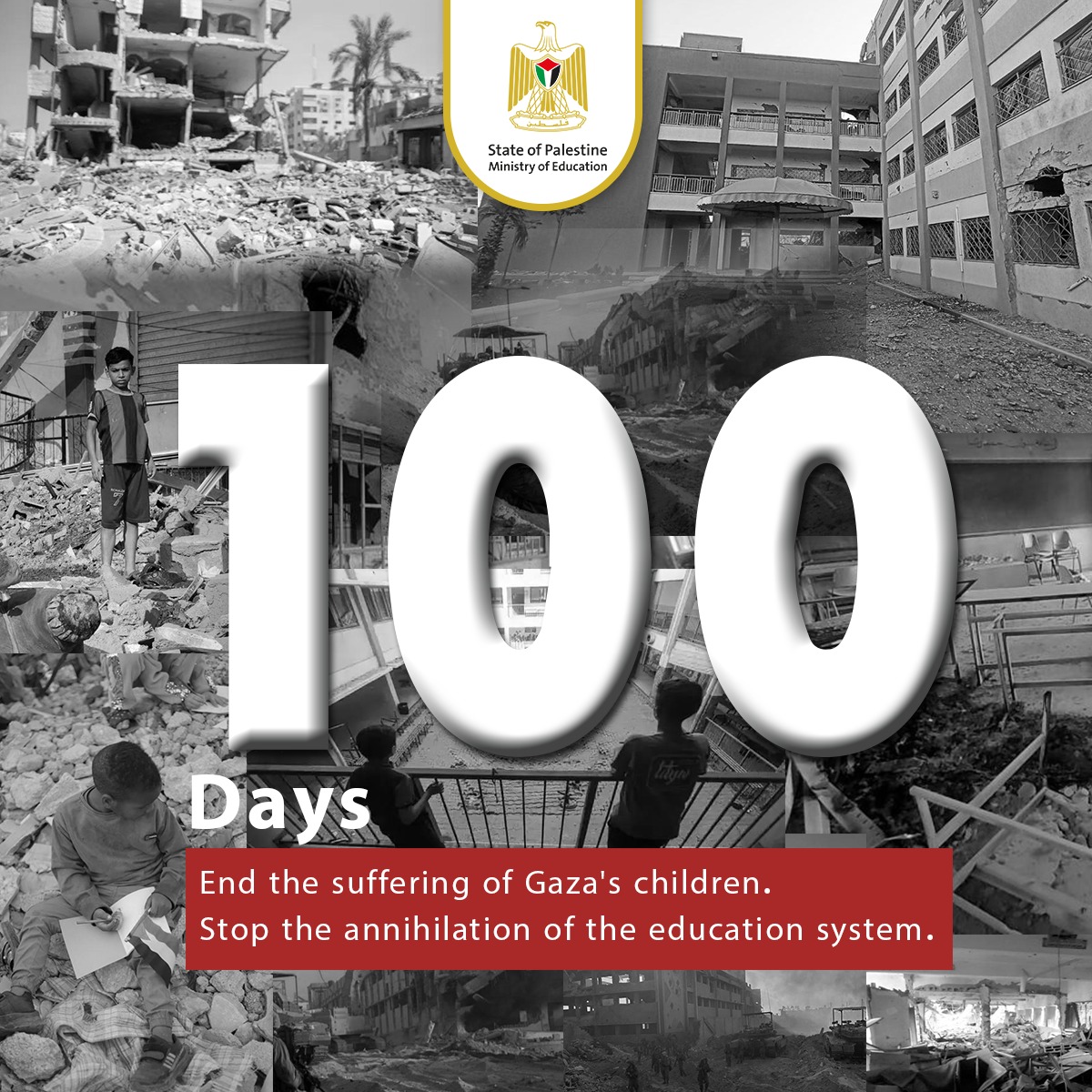 PalestineMoE's tweet photo. 🔴100 Days of Horror in #Gaza.
End the suffering of Gaza's #children. Stop the annihilation of the #education system.

#Palestine 🇵🇸 #RightToEducation #GazaUnderAttack #IsraeliWarCrimes #PalEduMin https://t.co/rtjcjREHSe