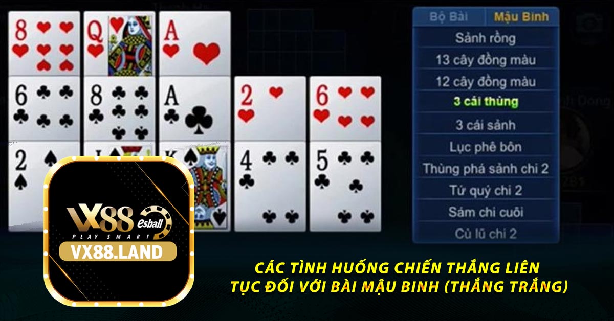 vx88land's tweet photo. CÁC TÌNH HUỐNG CHIẾN THẮNG LIÊN TỤC ĐỐI VỚI BÀI MẬU BINH ( THẮNG TRẮNG )
🎯Rồng Cuốn: Khi bạn tạo nên bộ link và cược số từ 2 đến Át. Trong tình huống trên, bạn sẽ thắng ngay và nhận 24 lần tiền cược
Link truy cập: https://t.co/sxHNy2urB4
#VX88 https://t.co/DhuBgZYqEJ