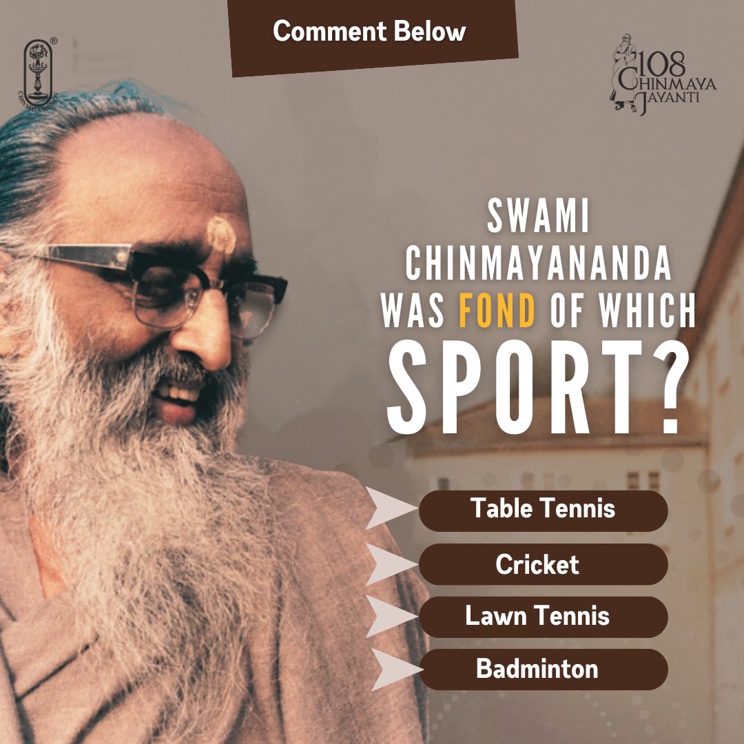 Chinmayananda's tweet photo. Comment the right answer!

#chinmayamission #swamichinmayananda #commentbelow #quiztime #quizinstagram #quizoftheday #gkquiz #quizzes #spiritualbeing #spiritualbeings #spiritualmaster #spiritual #spirituality #explorepage #sundaythoughts #sundayposts #generalknowledgeindia https://t.co/xj8SefgbK2