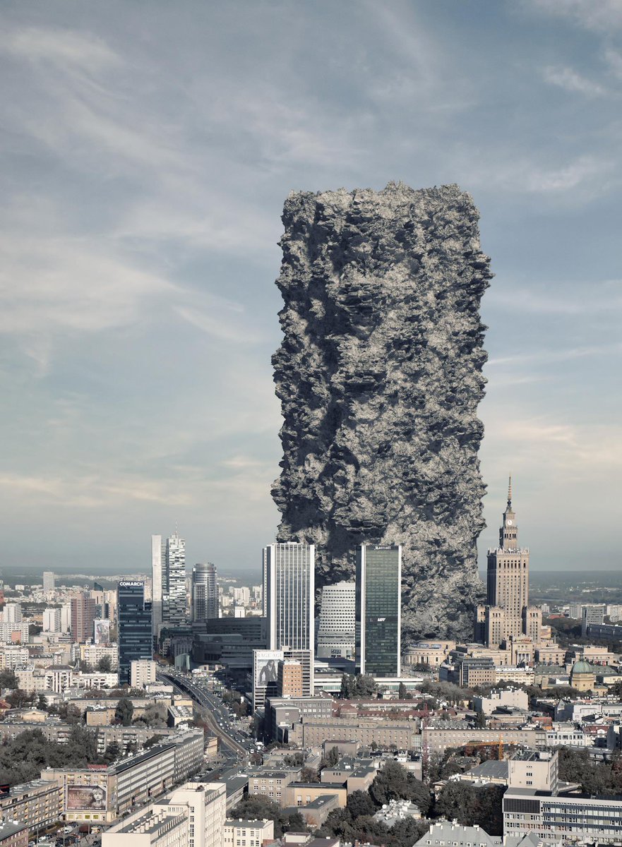 Tymek Borowski, ‘Rubble Over Warsaw’ (2015) - a visualisation of the millions of tonnes of rubble left in Warsaw following the Second World War, superimposed onto the modern city skyline.