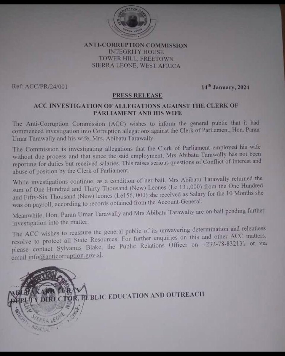 I am shocked at the revelations of abuse of office by the Clerk of Parl. The repayment at ACC indicates an admission of guilt. To preserve the sanctity of parliament and to spare the House further embarrassment, I ask that he steps aside to allow the ACC to conclude its work.