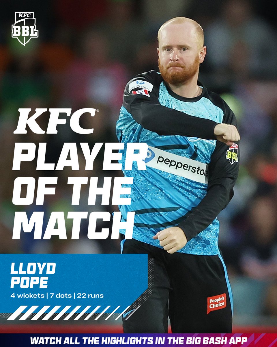 BBL's tweet photo. Four huge wickets, including three in an over, earn the Pope #POTM honours! 🙏

@KFCAustralia #BBL13 https://t.co/ksGPNPXWAY