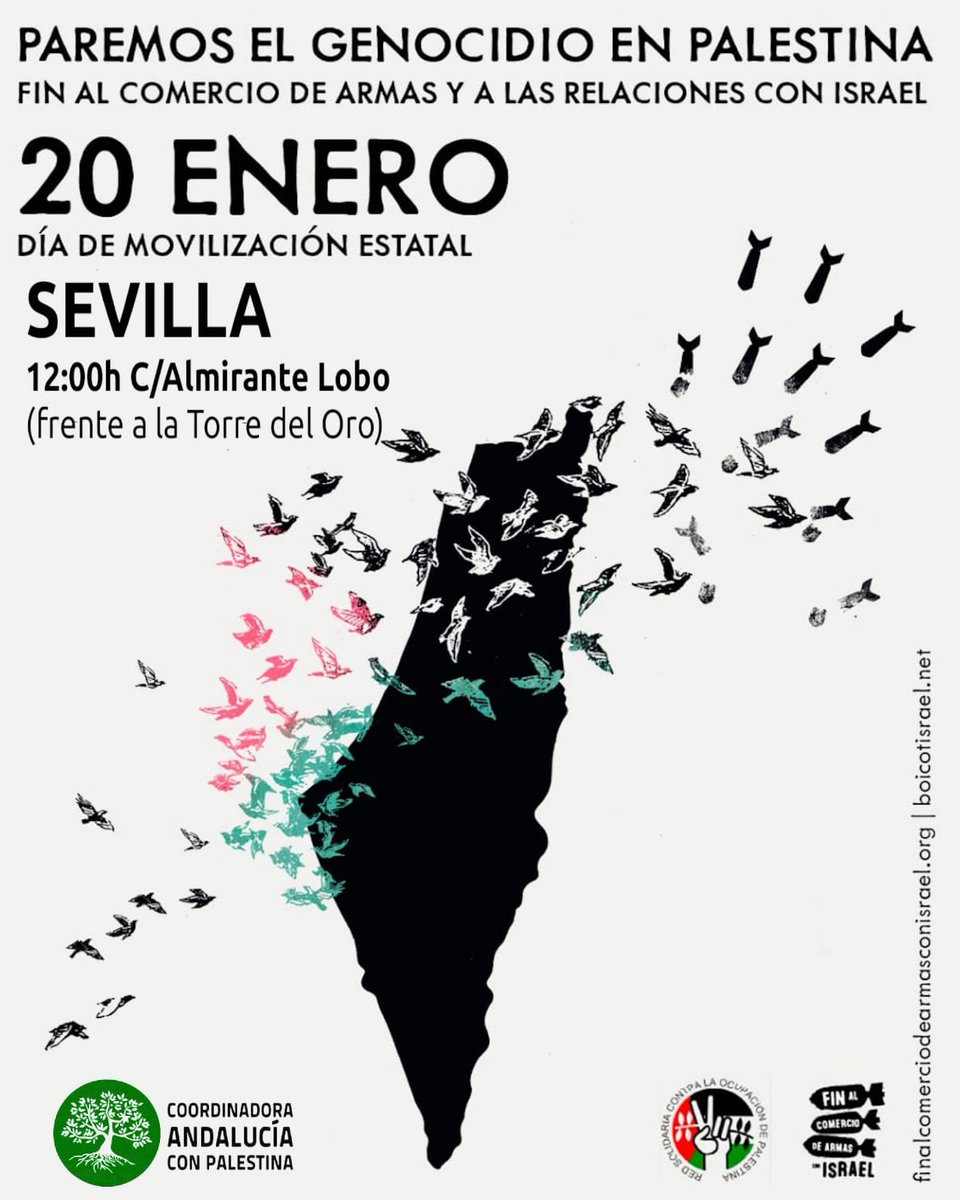 eu_hoaloha78's tweet photo. El sábado 20 de enero, la Red Estatal Contra la Ocupación de #Palestina convoca movilizaciones en todo el país para exigir el fin del genocidio y la ruptura de relaciones con el régimen criminal sionista.
En #Sevilla, 12h frente a Torre del Oro. 
✌🏼🇵🇸 https://t.co/xjN3yBsf1W