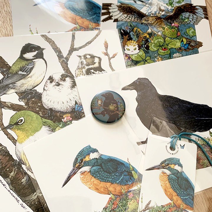 「グッズ紹介僕の絵で「鳥」をモチーフにしたグッズセット(印画4枚/バッチ1個/ポス」|渡辺孝夫のイラスト