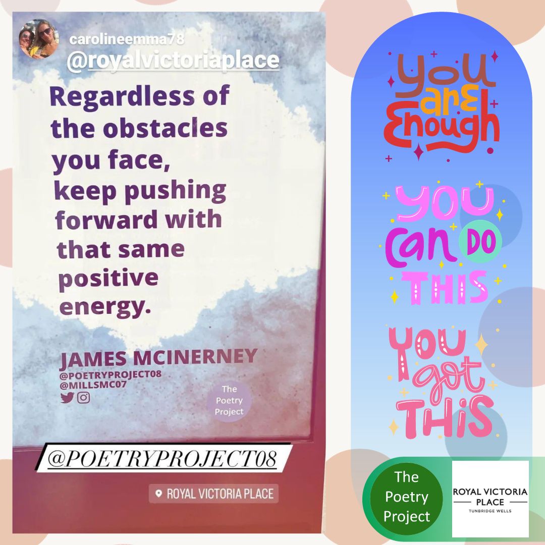 poetryproject08's tweet photo. A huge thanks to Royal Victoria Place in Tunbridge Wells. Words from the project are on display in the centre in a BIG and colourful way. A massive thanks to carolineemma78 for the share! #thepoetryproject #MentalHealthAwareness @Royal_Shopper @MillsMc07 https://t.co/ftozKkefog