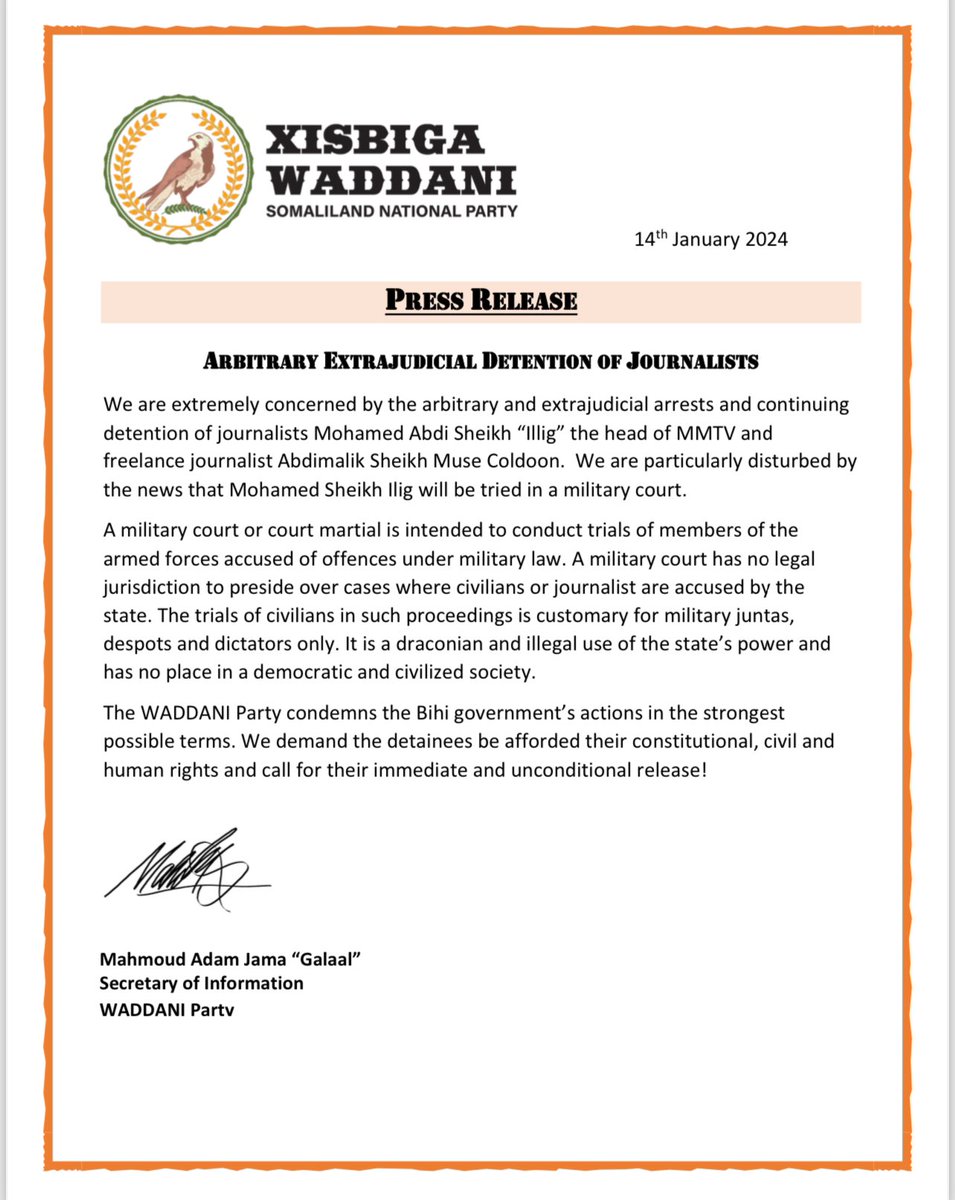 The Bihi government has a history of systematically limiting freedom of speech and expression. In the strongest words imaginable, the WADDANI Party stands against the deliberate targeting of media organisations and journalists.