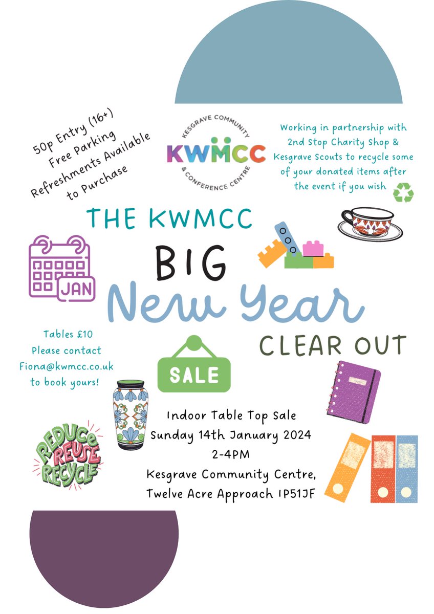 Our first event of the year is our KWMCC 'Big New Year Clear Out' Tabletop sale TODAY 2-4pm.  

Our Hall will be full of stallholders looking to sell their wares; a great place to find a bargain!  

Entry is just 50p for over 18's with free parking on site. 

Hope to see you!🛍️