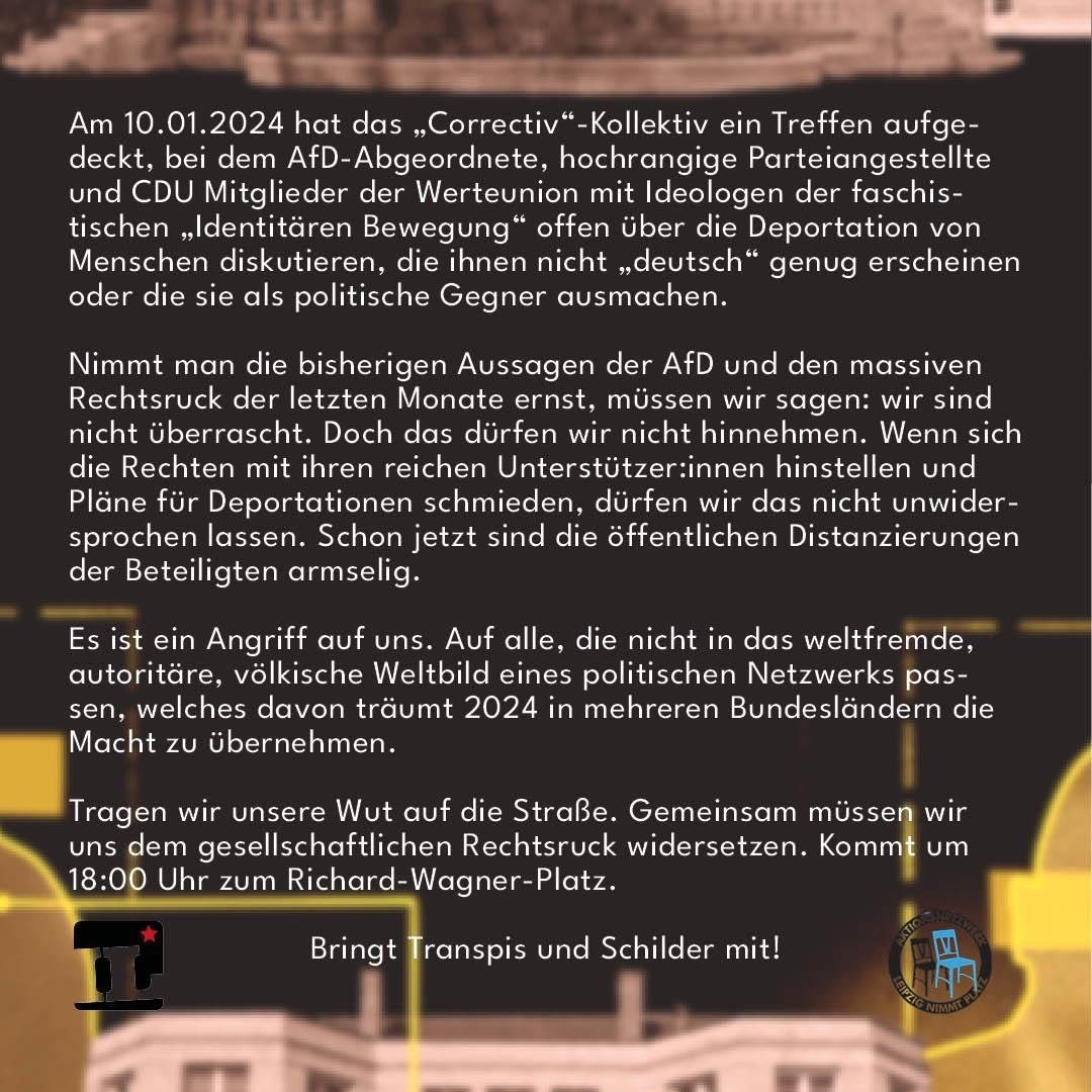 Es reicht! Gegen die faschistischen Deportationspläne von AfD und Werteunion!

Tragen wir unsere Wut auf die Straße und gehen mit <a href="/PrismaLE/">Interventionistische Linke Leipzig</a> am Montag auf die Straße, um uns dem gesellschaftlichen Rechtsruck zu widersetzen!

🗓️ Montag, #le1501 
🕕 18:00 Uhr
📍 Richard-Wagner-Platz