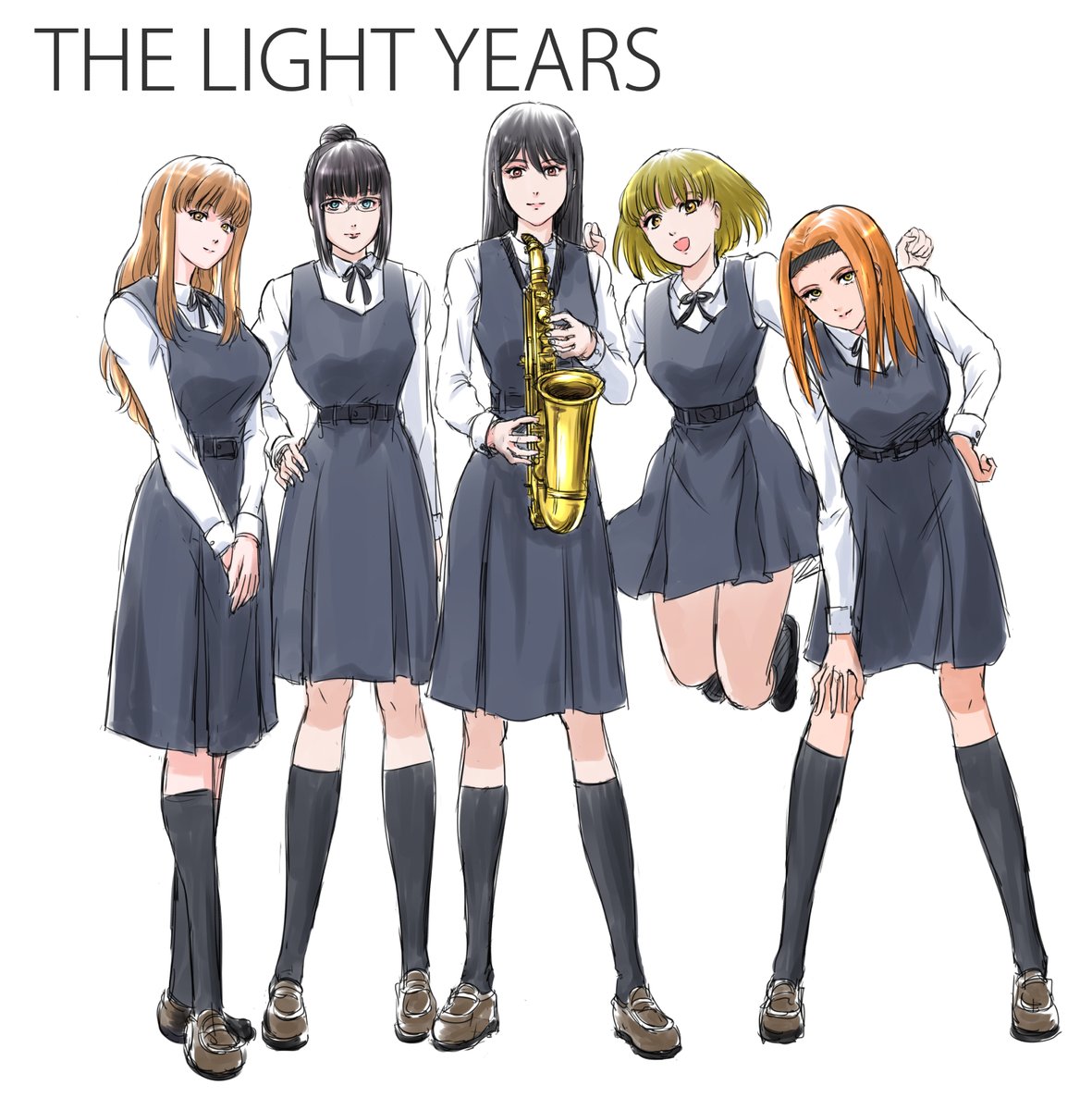 multiple girls school uniform trumpet black hair instrument 5girls long hair  illustration images