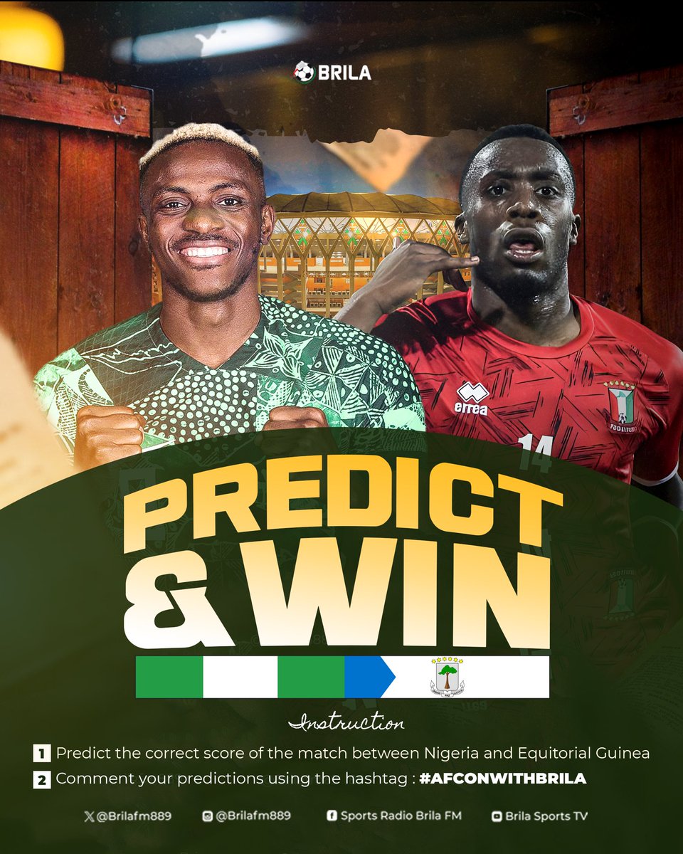 Brilamedia's tweet photo. Giveaway time!!!!🔥🔥

No dull oo… drop your correct predictions now and win big😎

Make sure to like, retweet and to use the hashtag; #afconwithbrila

Time starts from now till 2:30pm .. winners will be selected after the match🥂🇳🇬
#afconwithbrila #brilanffpartners #AFCON2023 https://t.co/xe7BrHXJPW