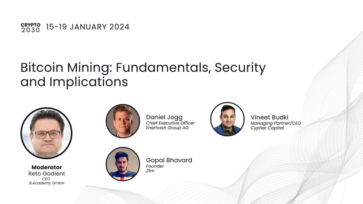 CRYPTO2030 (@c2030_) on Twitter photo Understand the security risks of centralization and the environmental footprint of BTC mining in this session with our moderator, <a href="/Gadienre/">Reto P. Gadient</a>, along with the panelists:
🗣️ Daniel Jogg
🗣️ <a href="/vineetbudki/">VB - Sigma Capital</a>
🗣️ Gopal Bhavard
Secure your spot now🔐 wcf2030.org/register Understand the security risks of centralization and the environmental footprint of BTC mining in this session with our moderator, <a href="/Gadienre/">Reto P. Gadient</a>, along with the panelists:
🗣️ Daniel Jogg
🗣️ <a href="/vineetbudki/">VB - Sigma Capital</a>
🗣️ Gopal Bhavard
Secure your spot now🔐 wcf2030.org/register