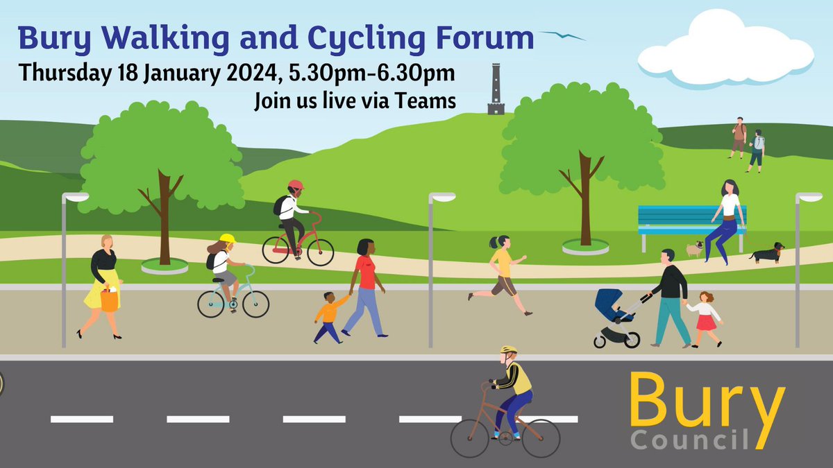 Bury Live Well Service (@burylivewell) on Twitter photo The 1st Bury Walking & Cycling Group Forum of 2024 will be:
💻Thursday 18 January - 5.30pm
Learn about the great work that's been done so far & help pave the way for better cycling & walking opportunities in Bury.
Book your free place by emailing: livewell@bury.gov.uk The 1st Bury Walking & Cycling Group Forum of 2024 will be:
💻Thursday 18 January - 5.30pm
Learn about the great work that's been done so far & help pave the way for better cycling & walking opportunities in Bury.
Book your free place by emailing: livewell@bury.gov.uk