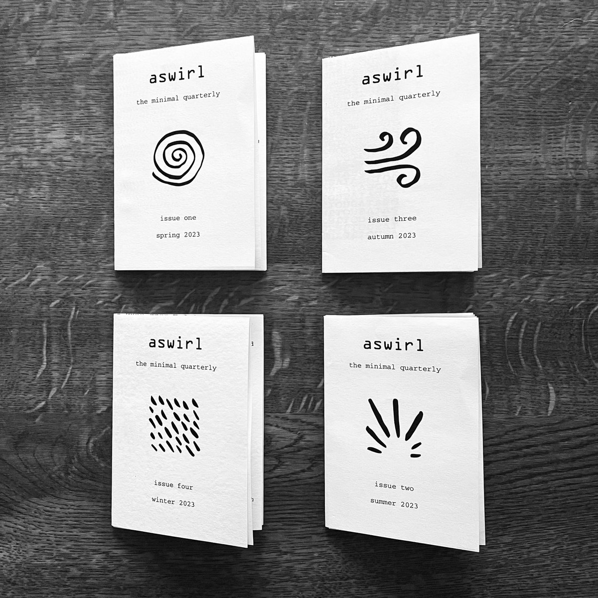 The first four issues of the zine 🌱☀️🍂❄️

Such a delight to look back on the first year of publishing. Not only was I able to print such amazing work but post it all over the globe!

2024 subscriptions are now on sale. £12 for UK residents and £22 for international.