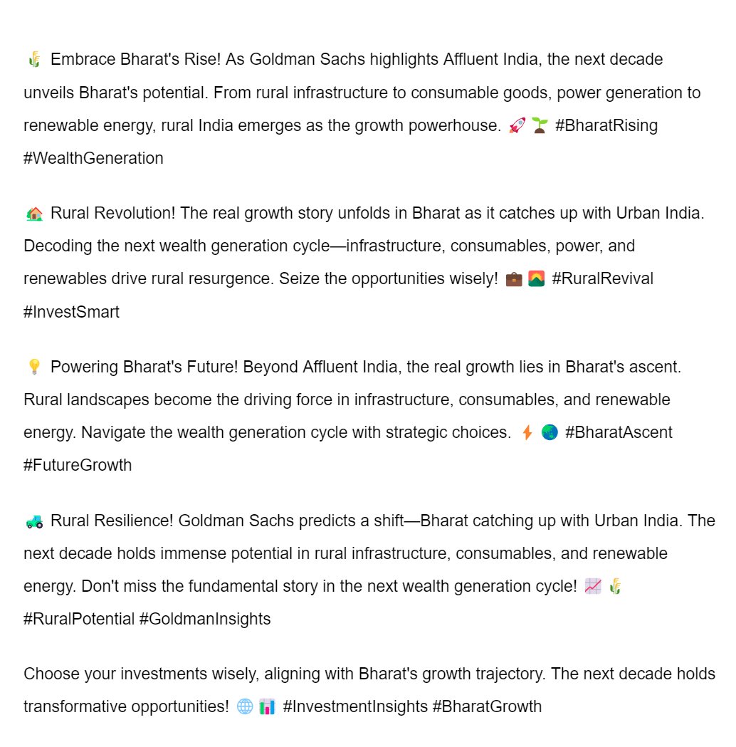 kirtan_kori's tweet photo. Unveiling the Decade of Bharat! 🌾 From rural landscapes to renewable energy, the next wealth generation cycle promises transformative growth. As Goldman Sachs focuses on Affluent India, don't miss the rise of Bharat. Navigate the opportunities wisely! 🚀💡 #BharatRising https://t.co/ilNWUjlyE9