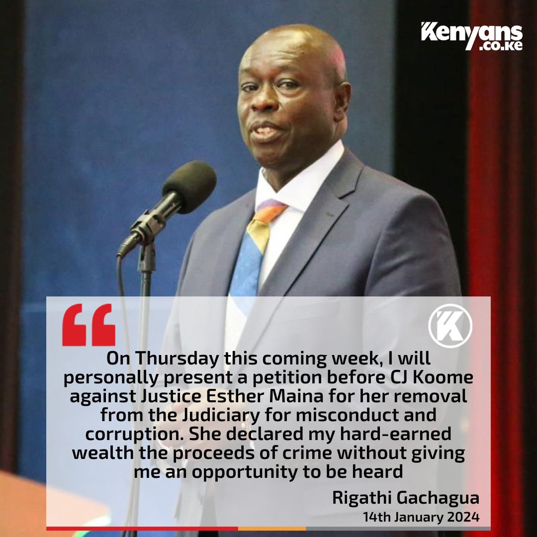 Kenyans's tweet photo. I will personally present a petition before CJ Koome against Justice Esther Maina for her removal from the Judiciary for misconduct and corruption - Rigathi Gachagua https://t.co/bqIQtY2Twy