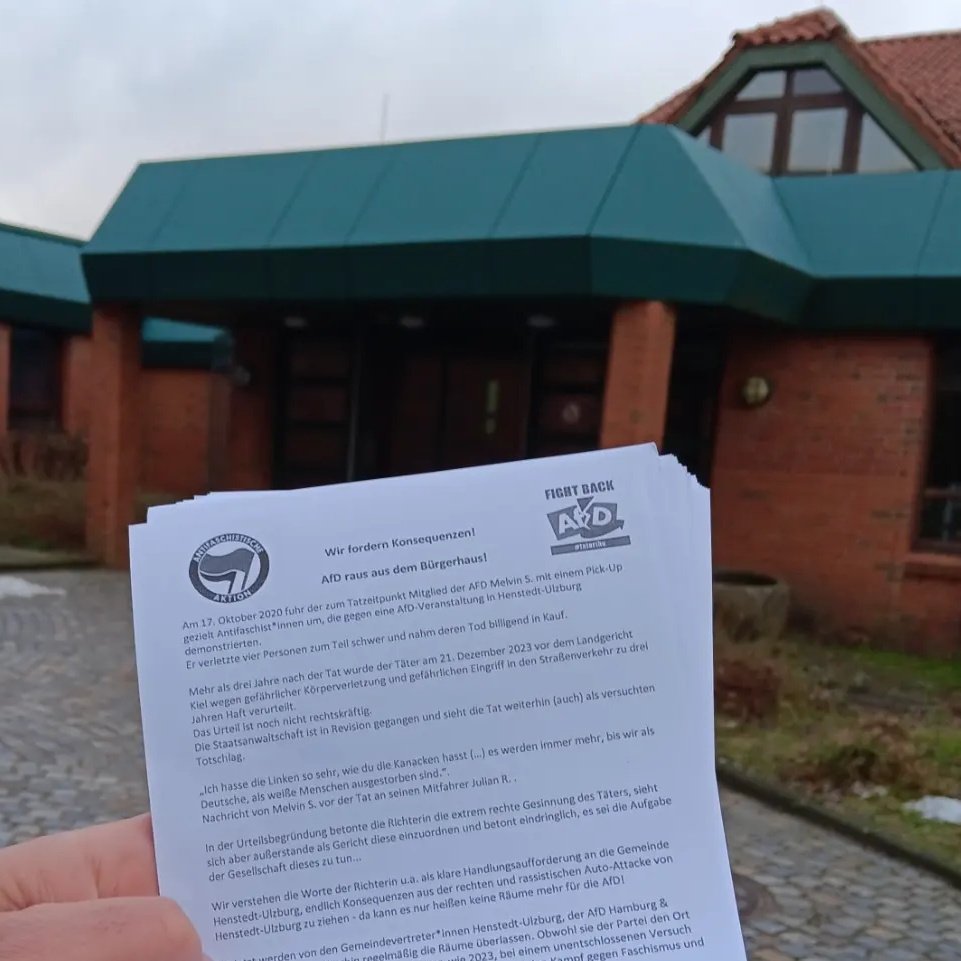 Die Gemeinde Henstedt-Ulzburg heute beim Neujahrsempfang nochmals aufgefordert die AfD aus dem Bürgerhaus zu werfen! 

tatorthenstedtulzburg.noblogs.org/post/2024/01/1…

#tatorthu #henstedtulzburg #noafd #noafdsh #nonazissh #antifa