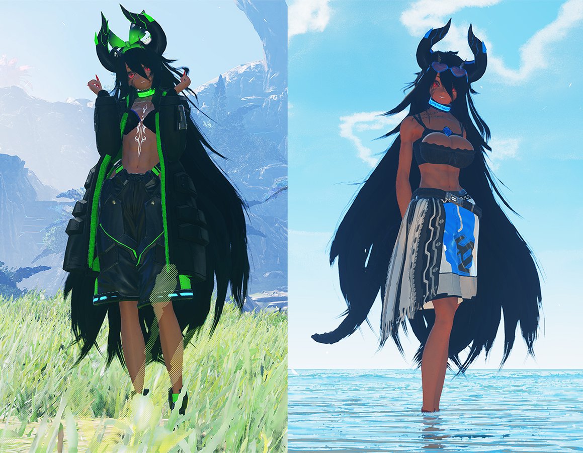 「PSO2NGS、最近は新しい服を入手してないので、T1の男性服で魔王ちゃんのバリ」|しすいのイラスト