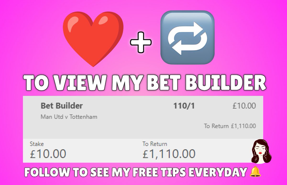 Good afternoon everyone 🫶

Who wants me to post another 110/1 monster bet builder today?🔥

I landed a 130/1 bet builder last week😜

Everybody who ❤️ and retweets this tweet will be able to see my bet builders today! 👀

Turn my notifications on and follow to receive my tips🔔