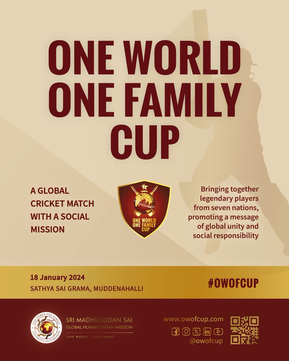 Sunil Gavaskar and Sri Madhusudan Sai calls for unity and humanitarian values by organising ‘The One World One Family Cup’ with legends on 18th Jan, 2024.
@owofcup @smsghm
#Oneworldonefamilycup #Srimadhusudansai #Sunilgavaskar #sathyasaigrama #owofcup