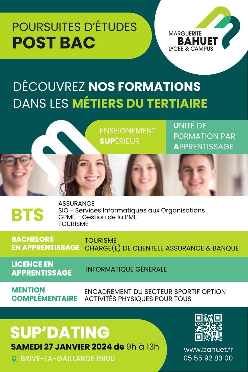 lyceebahuet's tweet photo. @lyceebahuet Venez à la rencontre des enseignants et découvrir les 8 formations post bac du Lycée &amp; Campus Marguerite Bahuet, lors de son Sup’Dating, samedi 27 janvier 2024. #enseignement_supérieur #supdating https://t.co/mqOSH7WwZd