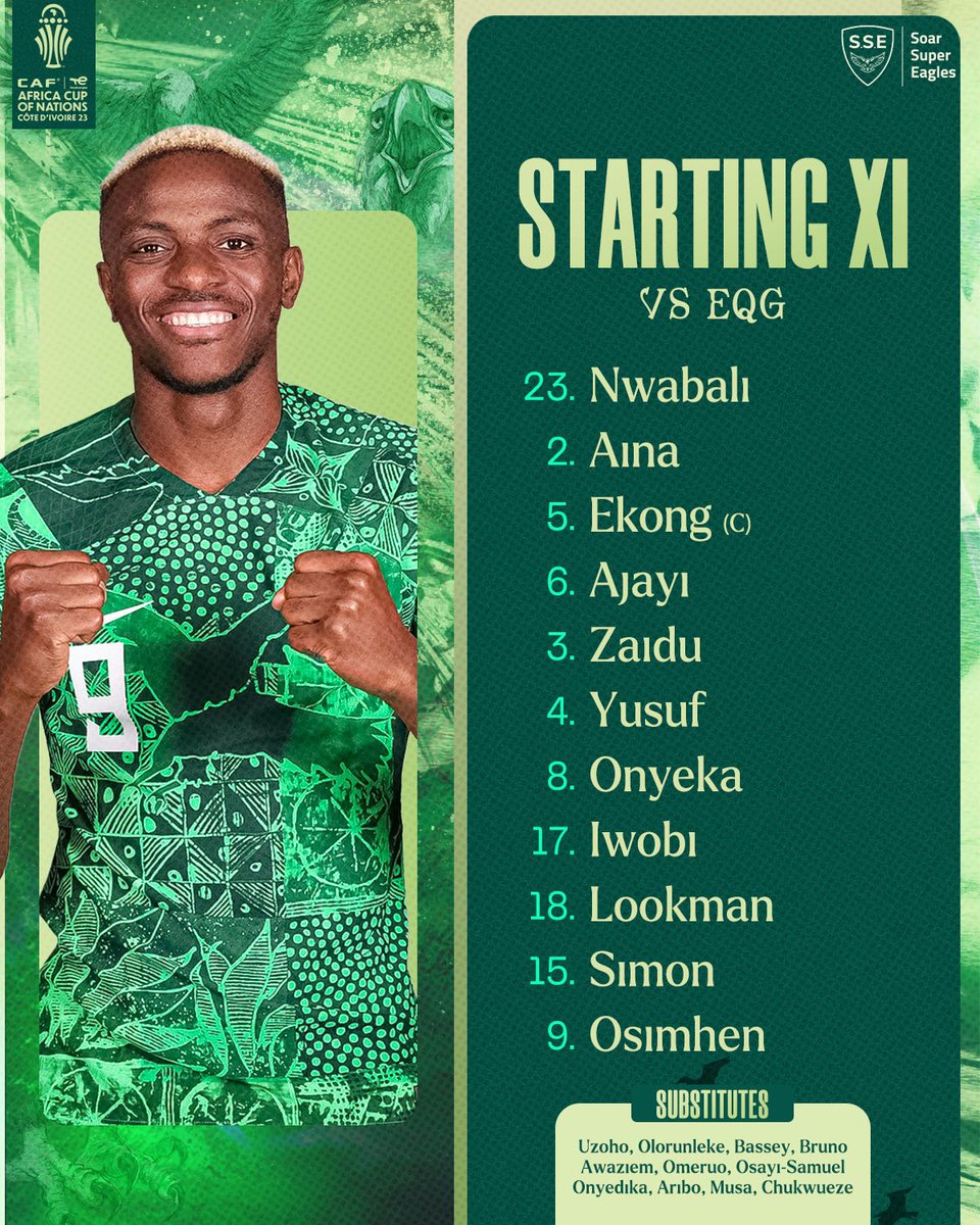 SoarAfrica's tweet photo. Nigeria's XI vs. Equatorial Guinea:

– Competitive debut for Nwabali
– Ekong &amp; Ajayi partner in defence
– Osimhen leads attack

#NGAEQG | #AFCON2023 https://t.co/2SD2LD20su