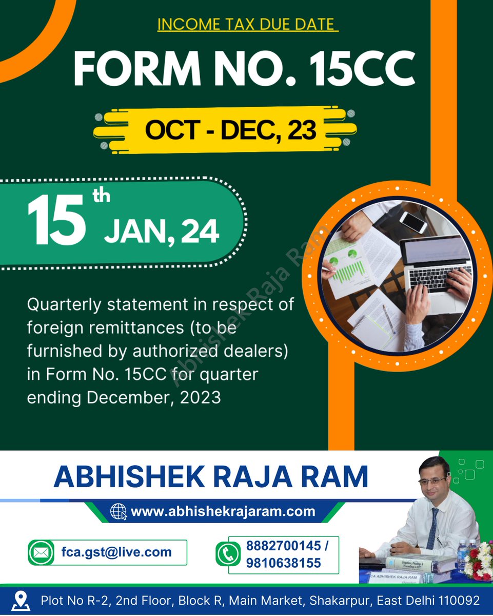 abhishekrajaram's tweet photo. Due Date Reminder!
INCOME TAX DUE DATE
FORM NO. 15CC OCT - DEC, 23
#Form15CC #IncomeTaxDeclaration #InterestIncome #TaxCompliance #FinancialReporting https://t.co/DDfG44UOVc