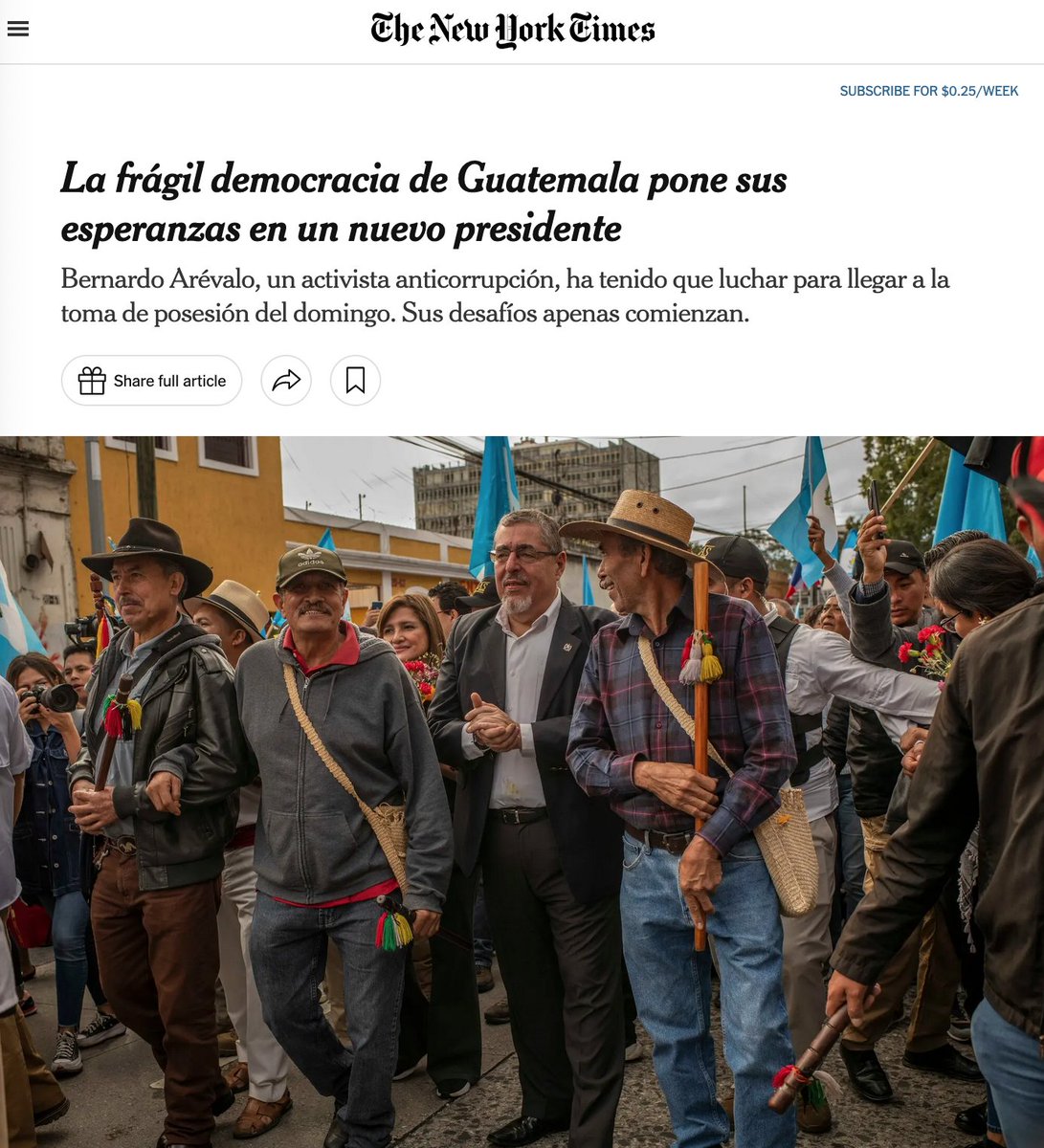 🇬🇹Desde que <a href="/BArevalodeLeon/">Bernardo Arévalo</a> irrumpió en la escena política de Guatemala como un candidato anticorrupción, se ha enfrentado una avalancha de ataques legales diseñados para impedirle asumir la presidencia. Ahora viene la parte difícil: la toma de posesión.

En <a href="/nytimes/">The New York Times</a> con