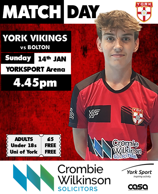 MATCHDAY | BE THERE 💪
York Futsal Vikings vs Bolton
🏆 NFS Tier 1
📌 YorkSport ARENA
📅 Sunday 14th JANUARY
⏰ 4.45pm
🎟 ADULTS £5 (U18s FREE)

#BeThere #Beyork