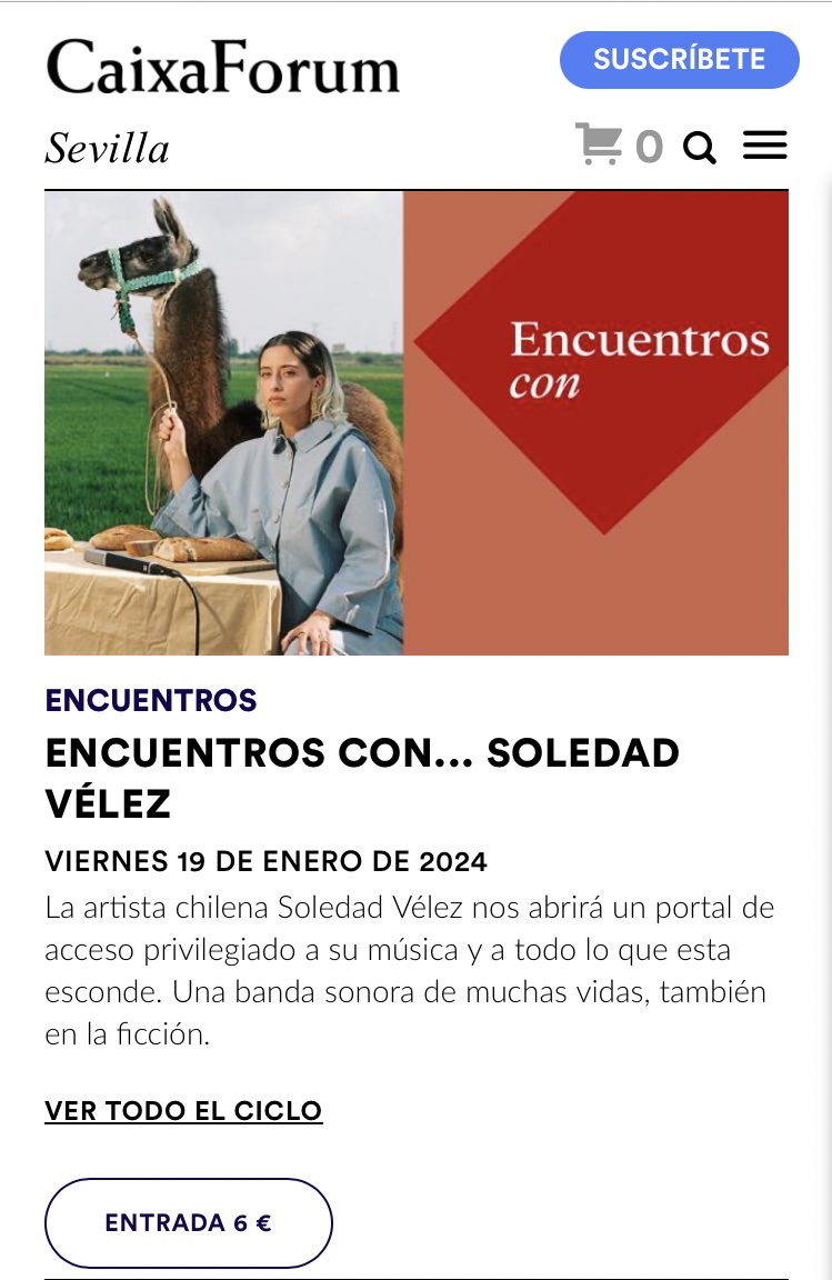Charo Ramos (@ramoscharo) on Twitter photo Este viernes 19 a la 19:00 en <a href="/CaixaForum/">CaixaForum</a> Sevilla arrancamos los 'Encuentros con' de 2024 con la fascinante cantautora chilena Soledad Vélez. Nos hablará de sus procesos creativos, inspiraciones y mucho más. Entradas aquí:
tickets.caixaforum.org/caixaforum_sev… Este viernes 19 a la 19:00 en <a href="/CaixaForum/">CaixaForum</a> Sevilla arrancamos los 'Encuentros con' de 2024 con la fascinante cantautora chilena Soledad Vélez. Nos hablará de sus procesos creativos, inspiraciones y mucho más. Entradas aquí:
tickets.caixaforum.org/caixaforum_sev…