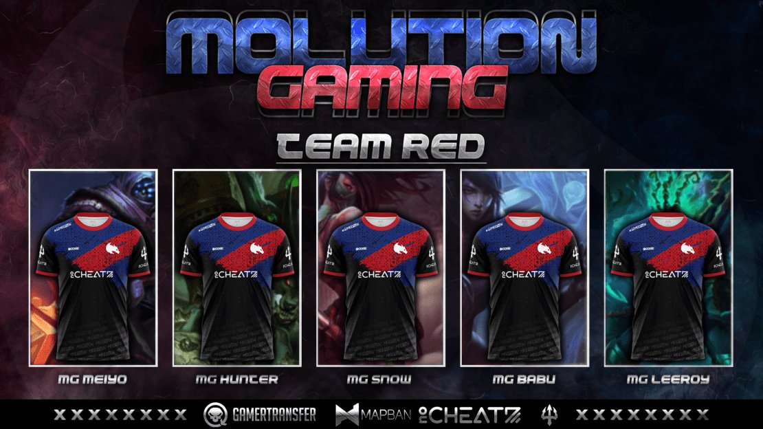 hiermit dürfen wir Euch stolz unser #LeagueOfLegends Team Red präsentieren!

Toplane – MG Meiyo
Jungle – MG Hunter
Midlane – MG Snow
AD-Carry – MG Babu
Supporter – MG Leeroy

Wir wünschen euch viel Glück und Erfolg bei uns!

#GoMolution#MolutionIsTheSolution