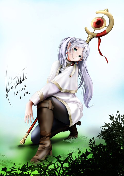 とゆう事で完成 漫画読んでないしアニメもまだ視てないので世界観がわからないのでキャラのイメージが掴めてませんが・なんとか・・ヾ(・ω・`) サークル仲間のいした神@77778111nanaの「皆の描いたフリーレンが見たい」のひと言から始まったのです(笑)  #葬送のフリーレン