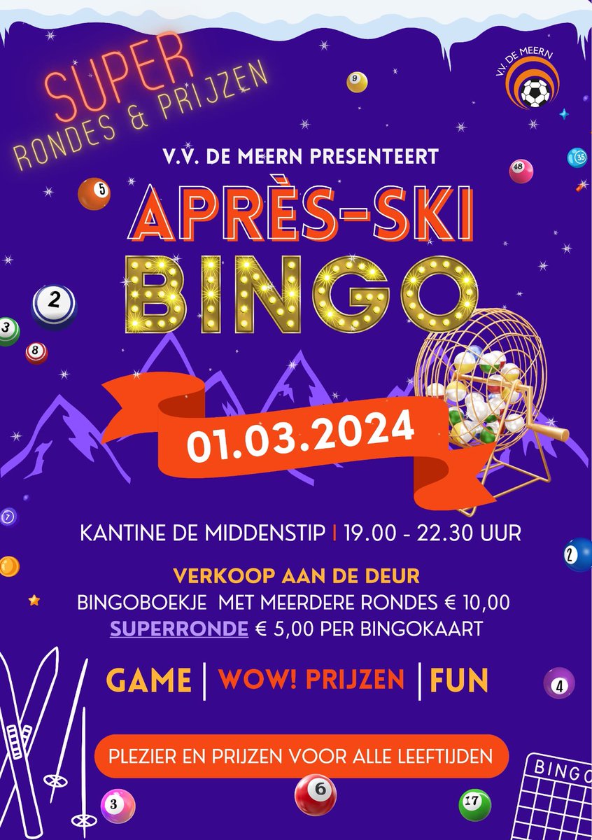 <a href="/VVDeMeern/">V.V. De Meern</a> 1 maart vindt de gezellige Après-ski bingo plaats. Iedereen is welkom. Er zijn fantastische prijzen te winnen zoals een JBL box en nog veel meer! De prijzen zijn gesponsord door lokale winkeliers. Après-skimuziek in de pauze dat wordt een top avond! Jij komt toch ook?