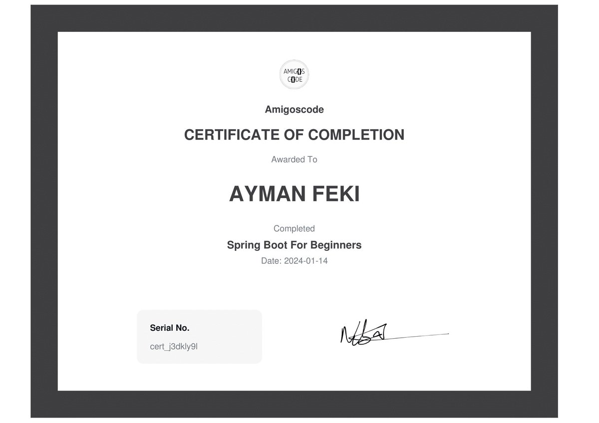 aymanfeki1's tweet photo. 🌐 Exciting News! 🌐 Just earned my "Spring Boot for Beginners" certification from Amigoscode! 🚀

"Keep learning, keep growing, keep thriving!"

#SpringBoot #Amigoscode #Certification #Java #Developer #ContinuousLearning https://t.co/pP9eN8o1Gh