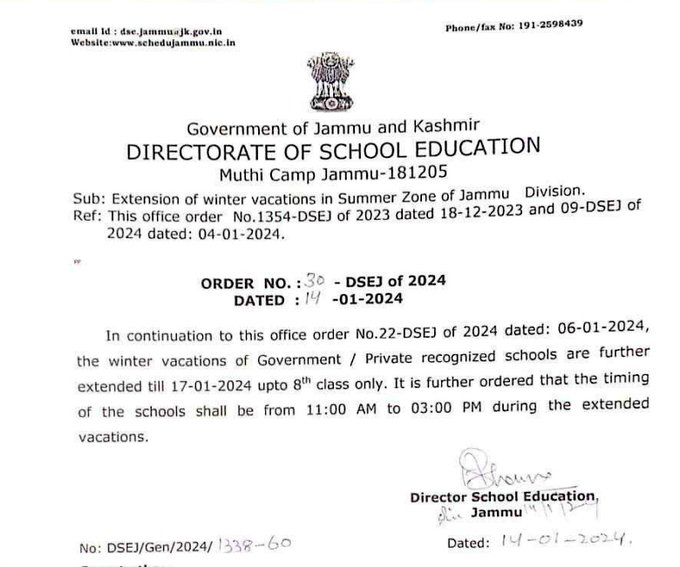 In view of the prevailing weather conditions, bone chilling cold and dense fog across the #Jammu region, the Directorate of School Education, Jammu announced a further extension of #wintervacations for schools located in Summer Zone. 

The extended vacation period is now in