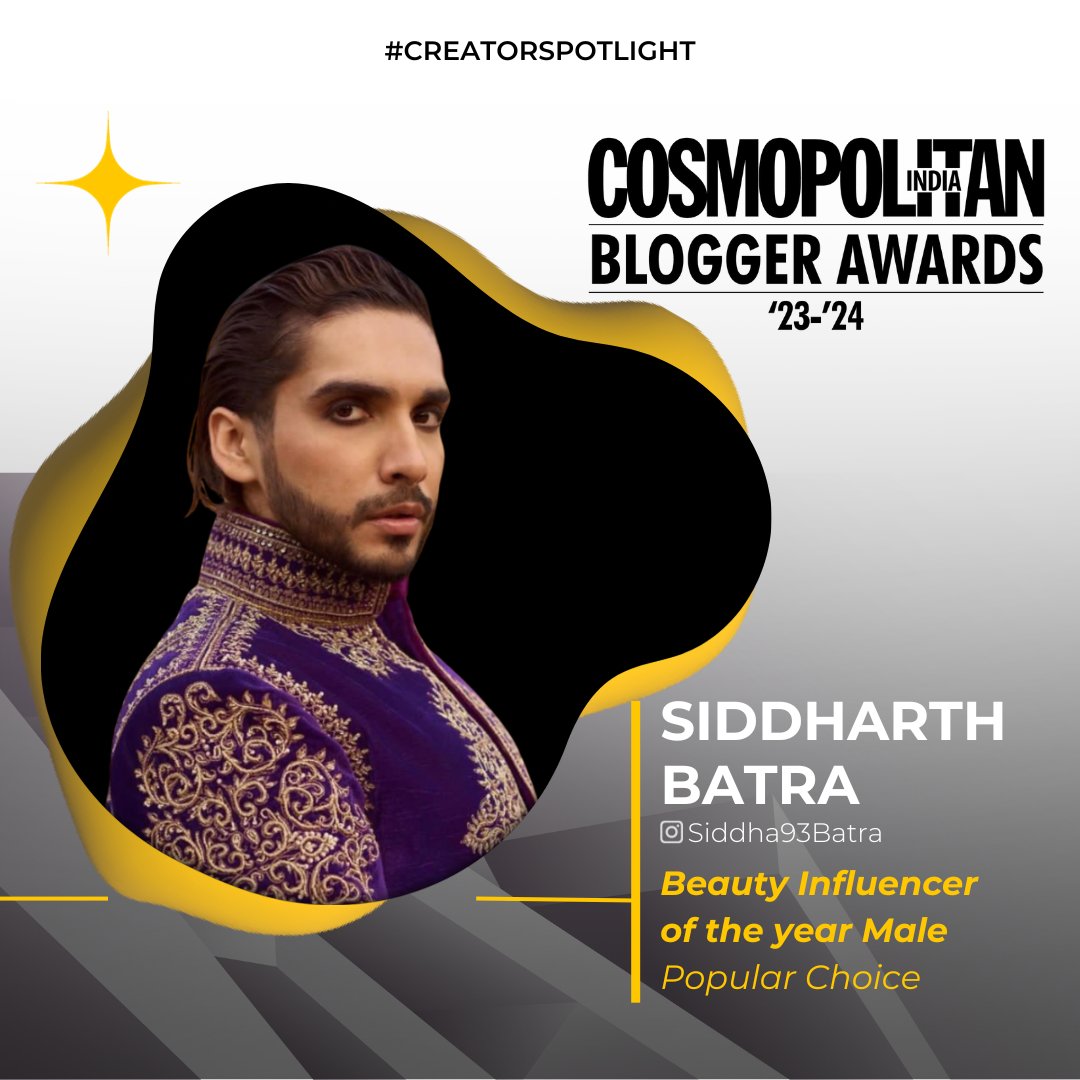 BigBangSocl's tweet photo. A round of applause for @siddharthbatra, crowned as the @CosmoIndia Beauty Influencer of the Year (Male)! 🏆✨ https://t.co/3xpwffxs0a