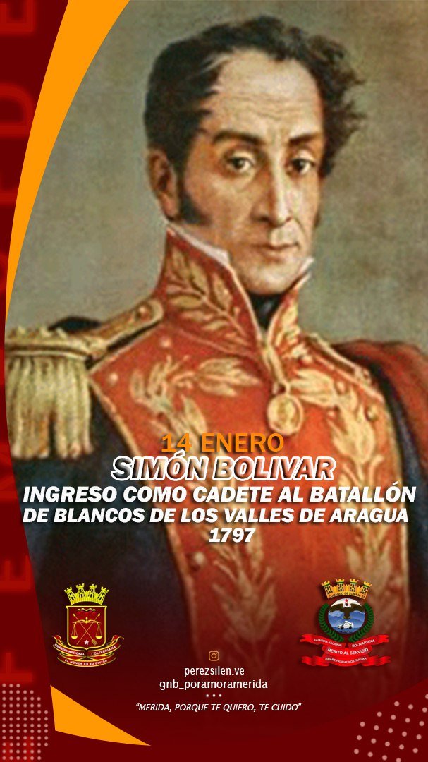 El #14ENE de 1797, el Libertador Simón Bolívar inicia su carrera militar ingresando al Batallón de Milicias de Blancos de los Valles de Aragua como cadete, donde su sobresaliente rendimiento fue ascendido a subteniente. Desde muy joven mostró su fuerza, ímpetu y disciplina.