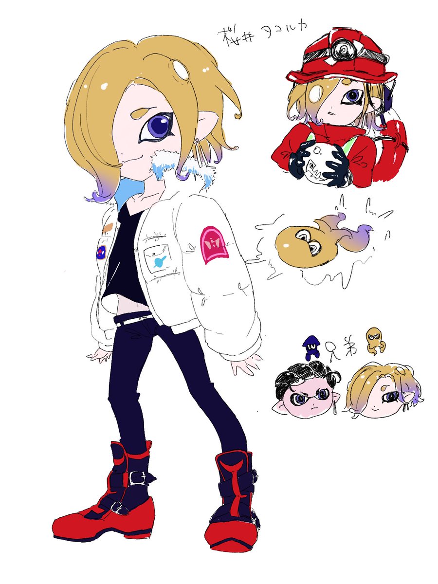 octoling ,octoling player character jacket hair over one eye tentacle hair pants blonde hair smile gloves  illustration images