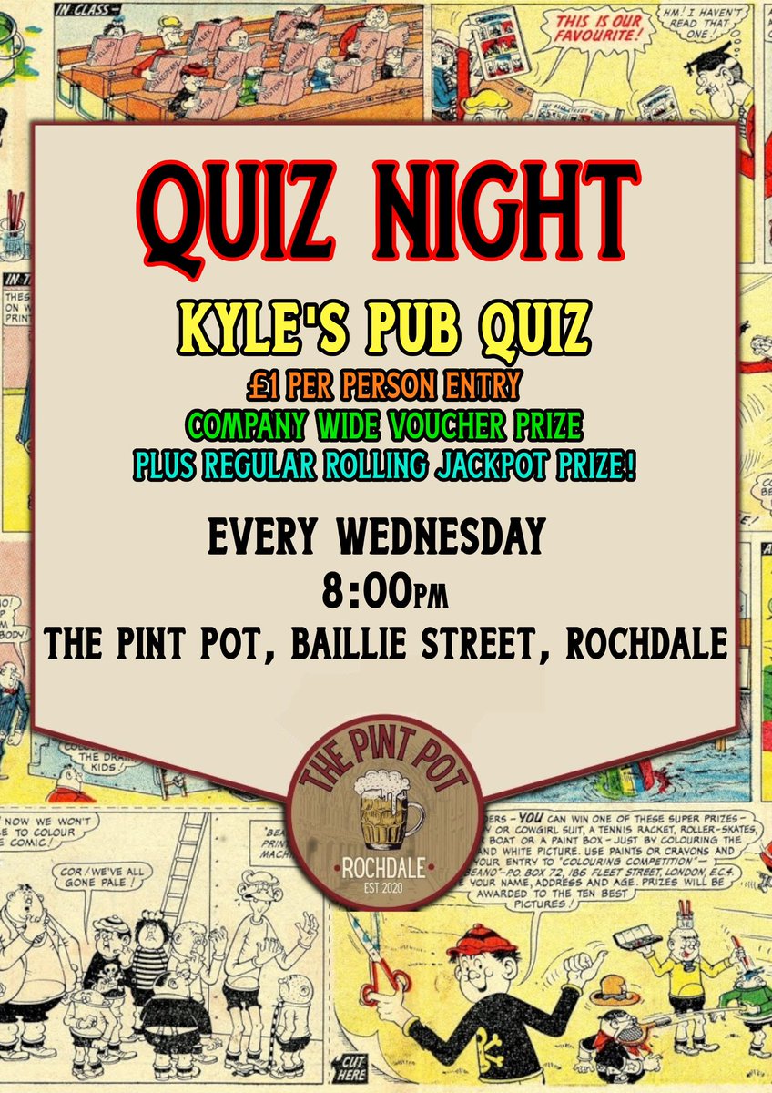 NOW WEEKLY - Please share! 🙌🏻 “You asked and we listened! So another change is that the Pint Pot Wednesday quizzes are now WEEKLY! 8pm every week at our Bailie Street venue. Quizmaster Kyle got so many quiz books for Christmas, he just had to start writing more questions!”