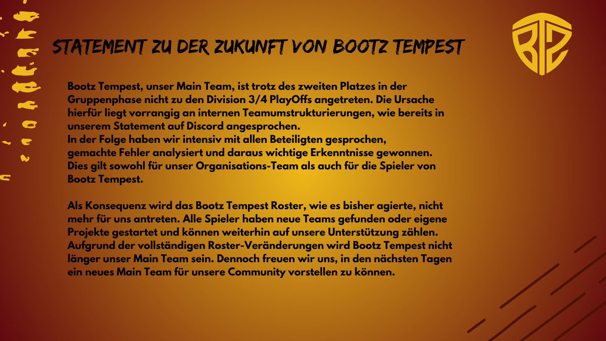 bootzgaming_gg's tweet photo. 🔴𝗦𝘁𝗮𝘁𝗲𝗺𝗲𝗻𝘁 𝘇𝘂 𝗕𝗼𝗼𝘁𝘇 𝗧𝗲𝗺𝗽𝗲𝘀𝘁 🔴

Wir verabschieden uns von Bootz Tempest als Main Team, nach erfolgreichen 1.5 Jahren!

Die Zusammenarbeit mit den Jungs von Bootz Tempest hat viel zu unserem heutigen Bild beigetragen! Wir wünschen alles Gute!

#TLDR https://t.co/wUdN1bEbOh