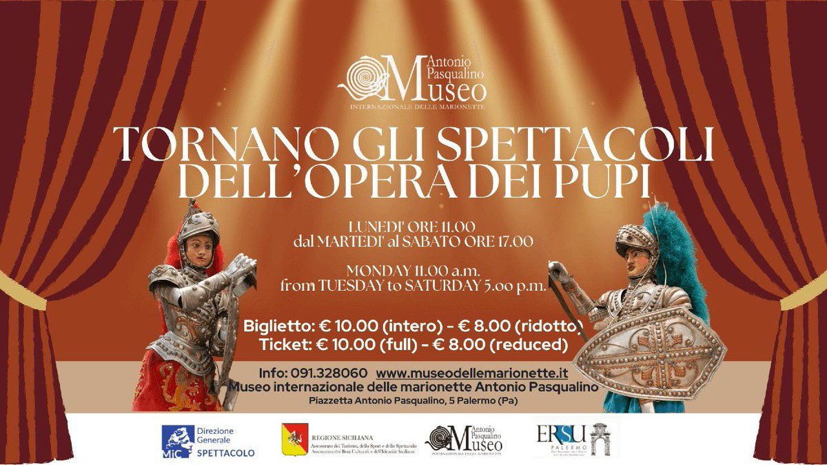 Spettacoli dell'Opera dei Pupi da lunedì a sabato #Palermo 👉museodellemarionette.it #eventisicilia24 #visitsicilyinfo