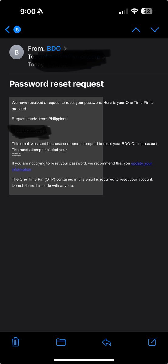 charlesaames's tweet photo. Always check the email address when opening emails like this. Never click on the link and give your personal details. @BDOPhil #BancoDeOro #phishing https://t.co/nexiw1oBm2