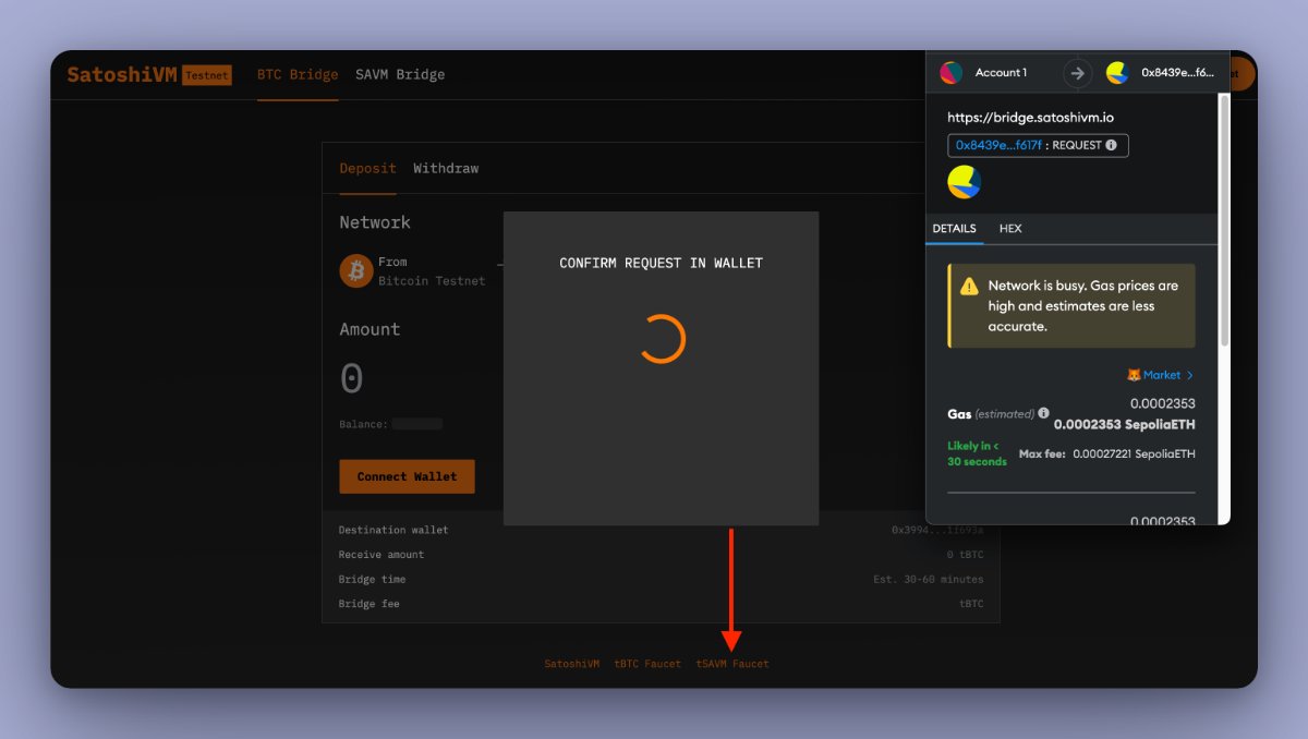 1️⃣ Interact with sETH

❶ Similarly, you can bridge from Ethereum Sepolia to SatoshiVM.

Let's do it now!

➬ Head to: sepoliafaucet.com
➬ Obtain sETH

➬ Visit: bridge.satoshivm.io
➬ Request testnet $SAVM