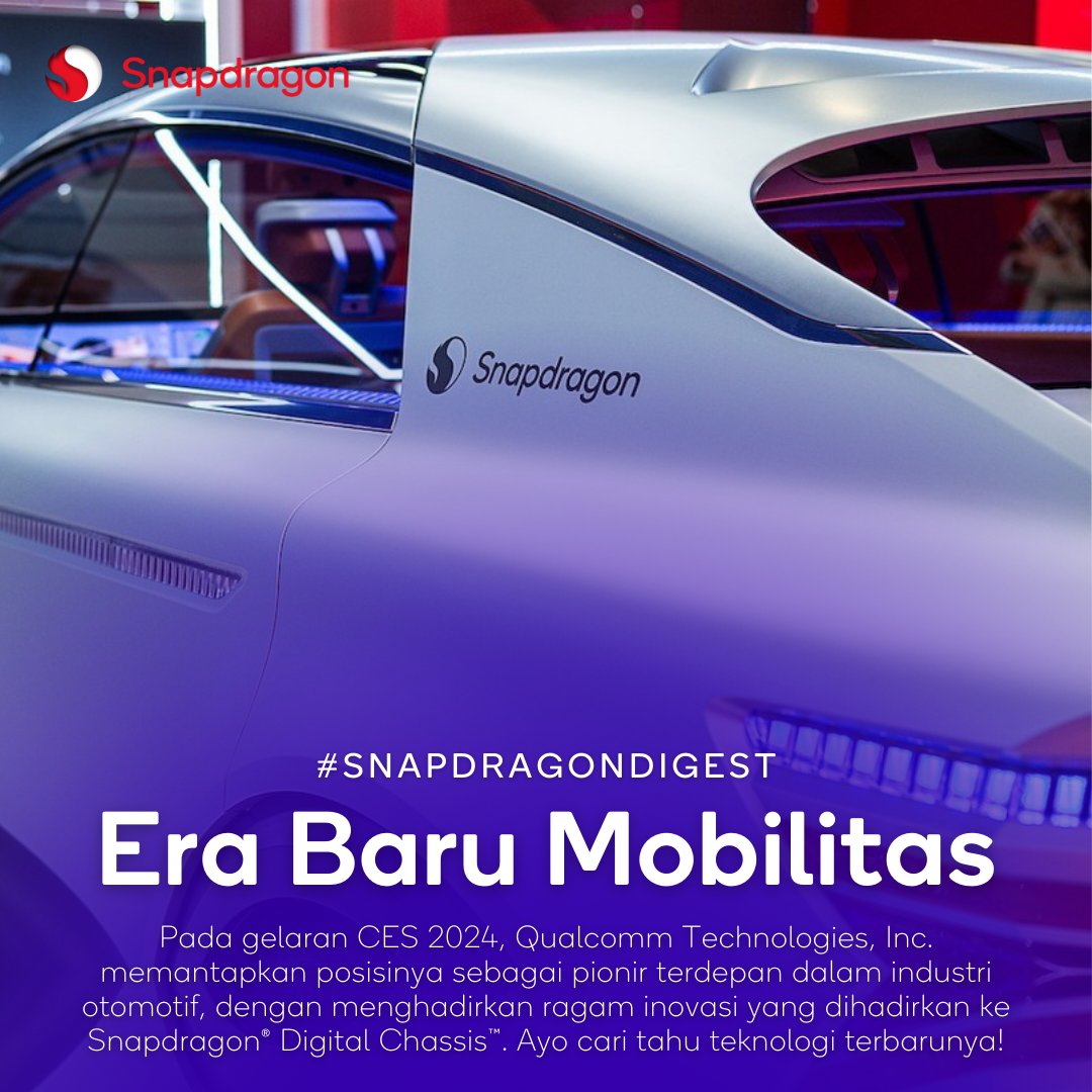 Snapdragon_ID's tweet photo. Gelaran #CES2024 yang berlangsung di Las Vegas, dimeriahkan oleh @Qualcomm @Snapdragon yang menghadirkan beragam inovasi terbaru pada Snapdragon® Digital Chassis™.

Apa saja teknologi termutakhir yang dihadirkan pada solusi #Snapdragon ini? Simak #SnapdragonDigest kali ini! 🚘 https://t.co/951rJ50QPq